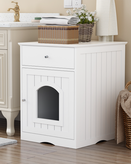 Indoor Wooden Cat Litter Box Enclosure with Drawer, Hidden Cat House & Side Table