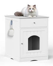 Indoor Wooden Cat Litter Box Enclosure with Drawer, Hidden Cat House & Side Table