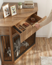 Walnut Corner Dog Crate Furniture with Storage Drawer for Small & Medium Dogs